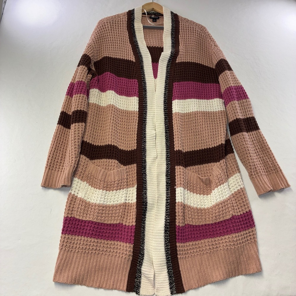 544 Boho Torrid Cardigan 1 Pink Brown Striped Waffle Knit Longline Sweater